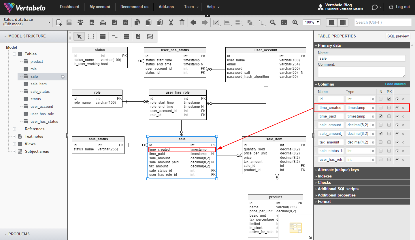 Changes made within the ‘Table properties’ panel are reflected on the database model