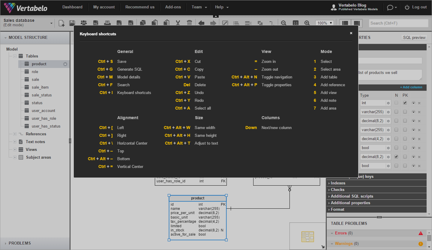 Press Ctrl + I to get the list of keyboard shortcuts in Vertabelo