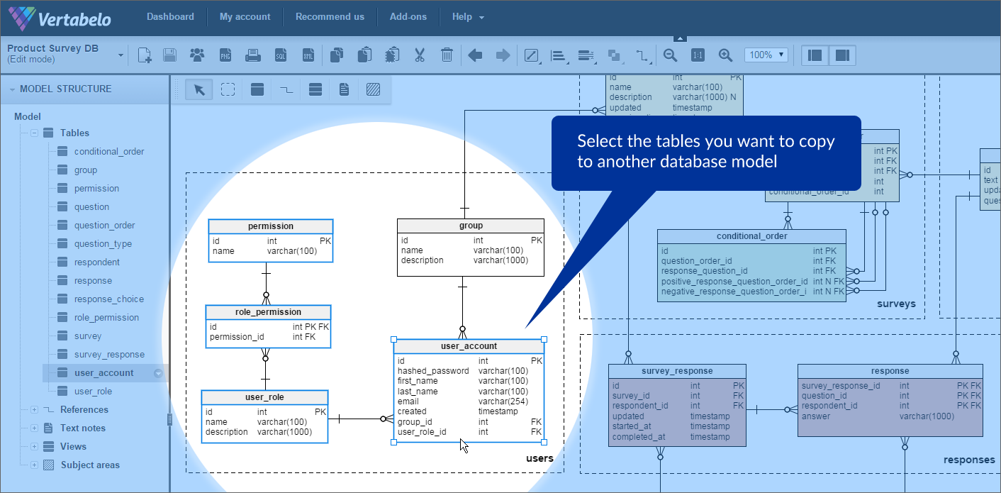 Using Ctrl + Click select the tables you want to copy and paste to another database model