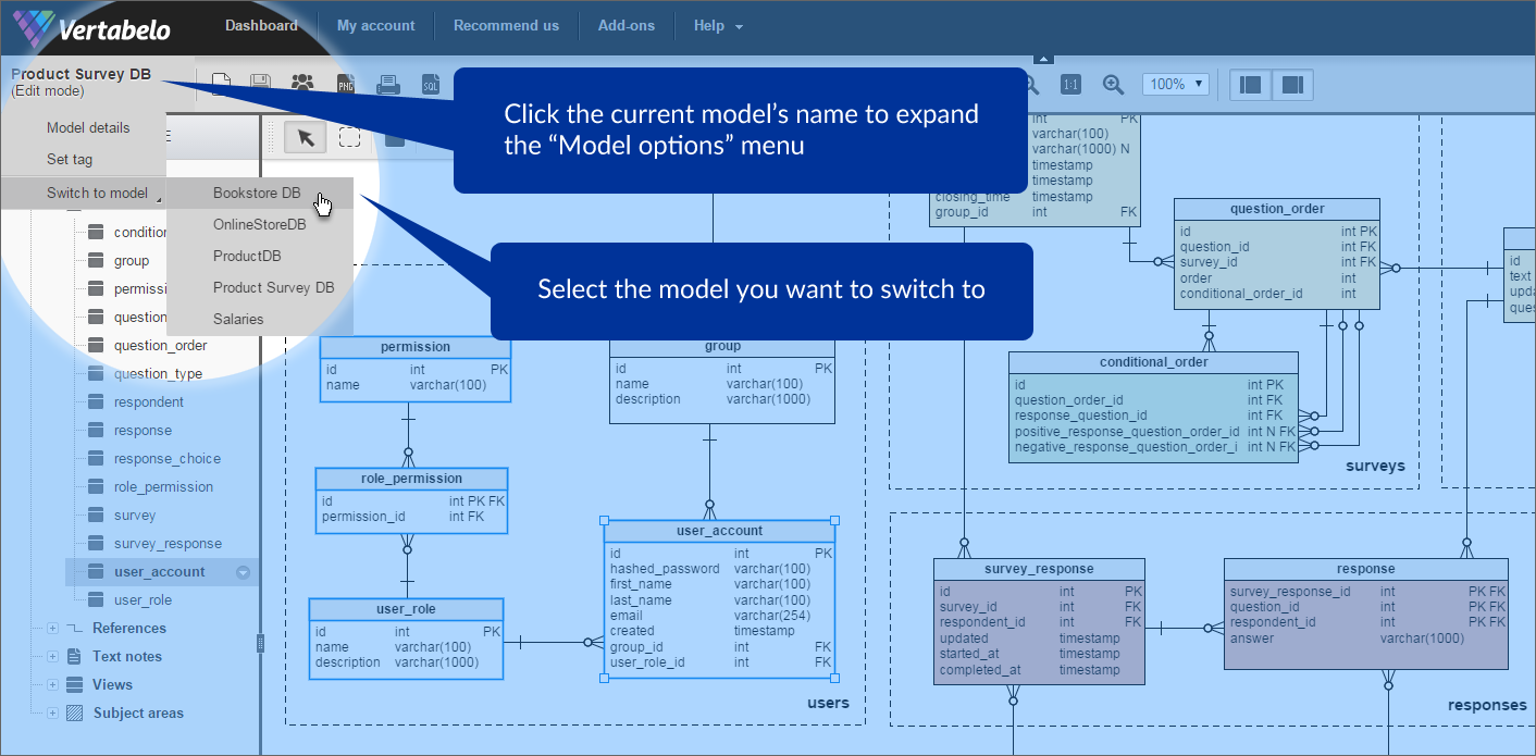 Click the current model’s name in the top left corner to choose another model you want to switch to