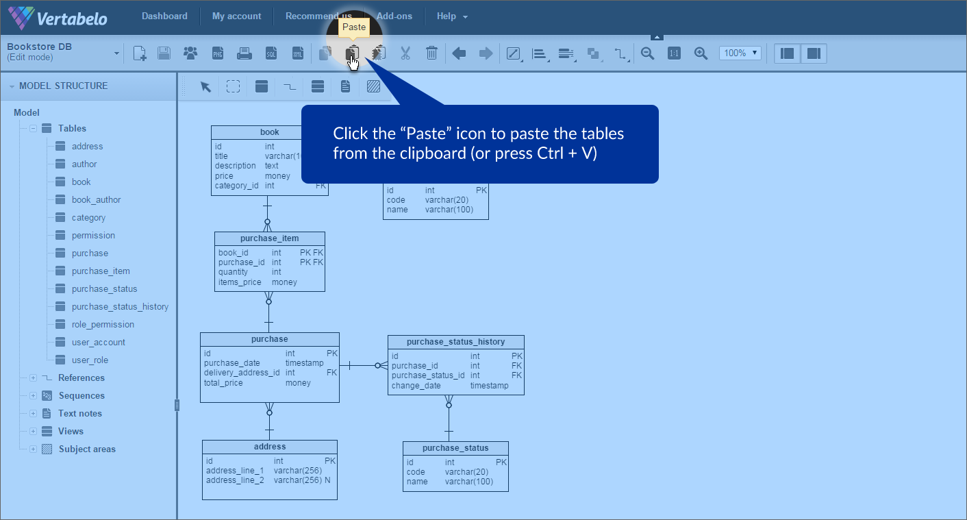 Click ‘Paste’ in the top menu bar to paste copied objects from the clipboard into your current model