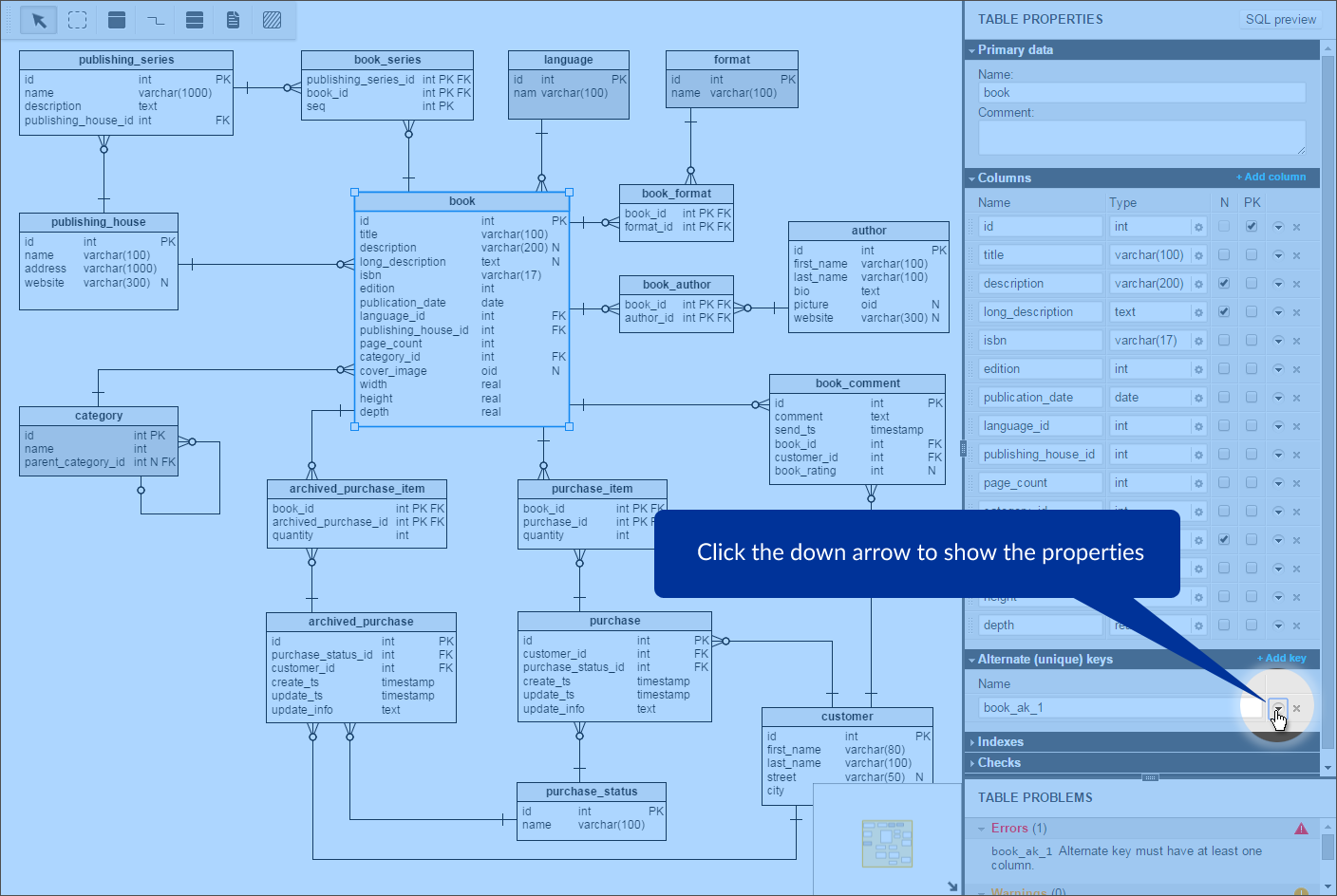 Click the down arrow to show the properties, alternate key