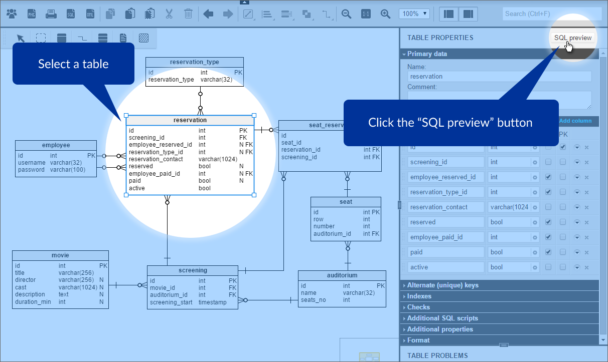 To check the result, select a table and click the ‘SQL preview’ button