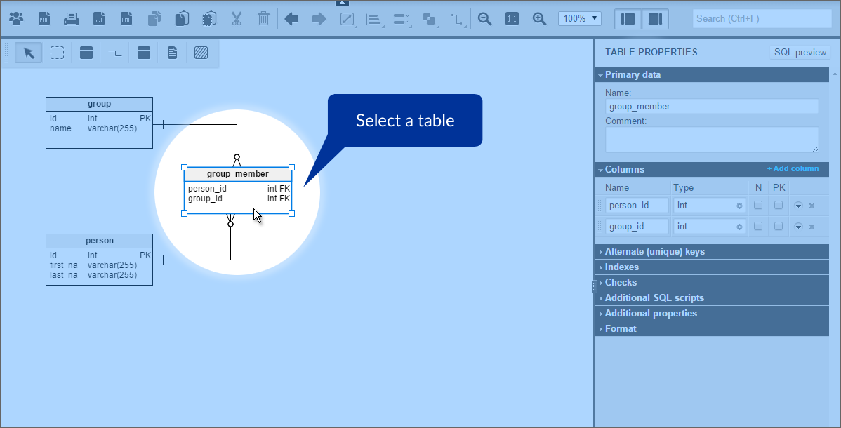 Select a table, junction table