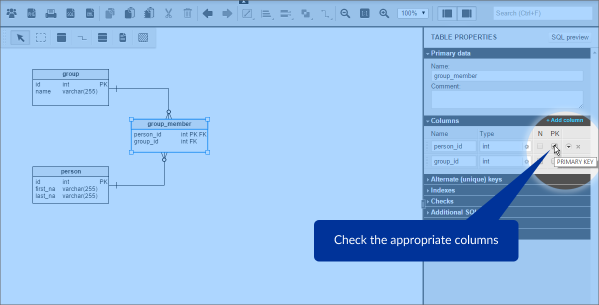 In the ‘Table properties’ panel, check all the columns you want inside the key, Multicolumn primary key