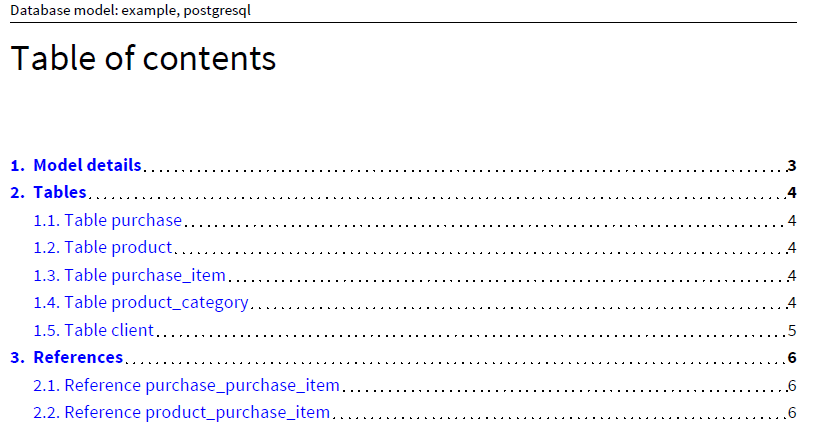 Vertabelo’s Automatic Documentation Generator - Example Table of contents