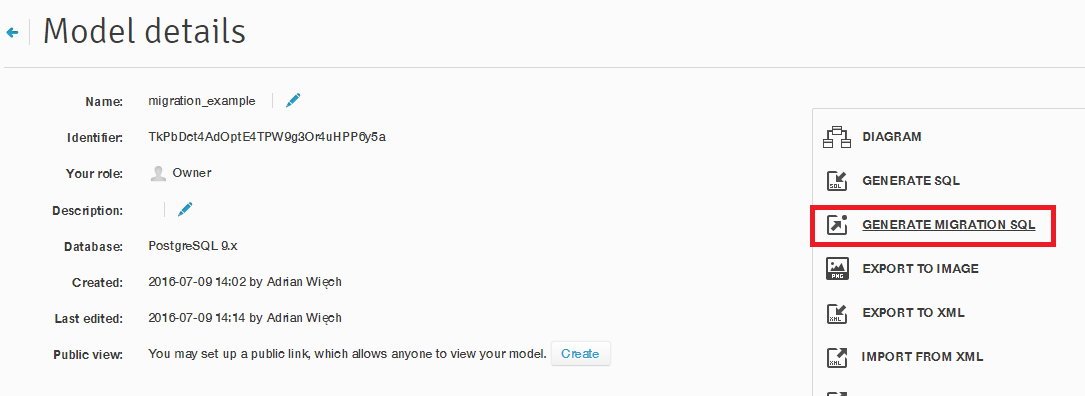 Generate migration SQL button in Model details window