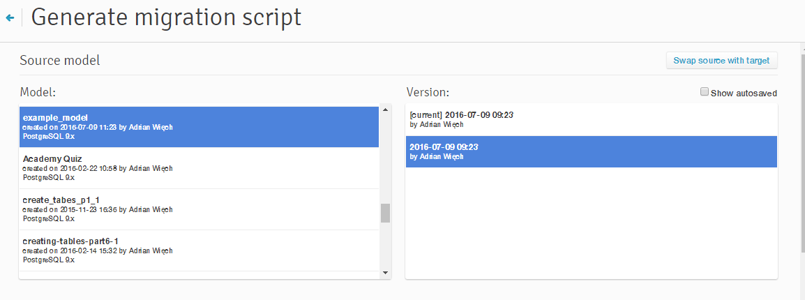 Choosing a version of a source model