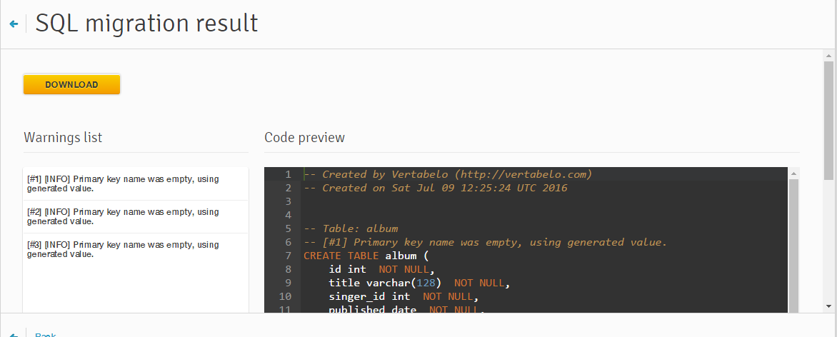 SQL migration result screen