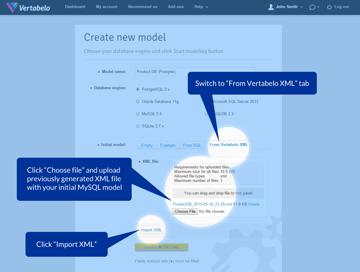 Upload an XML file with your initial database model