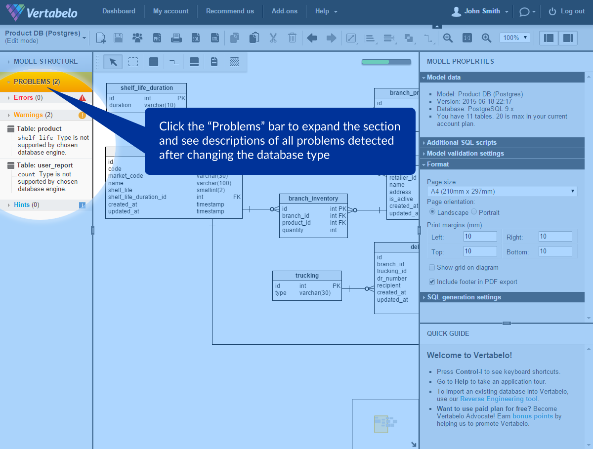 'Problems' section listing all incompatibility issues detected in the model