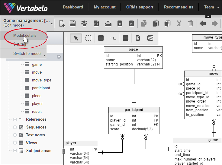 When working on your model, click its name and choose ‘Model details’