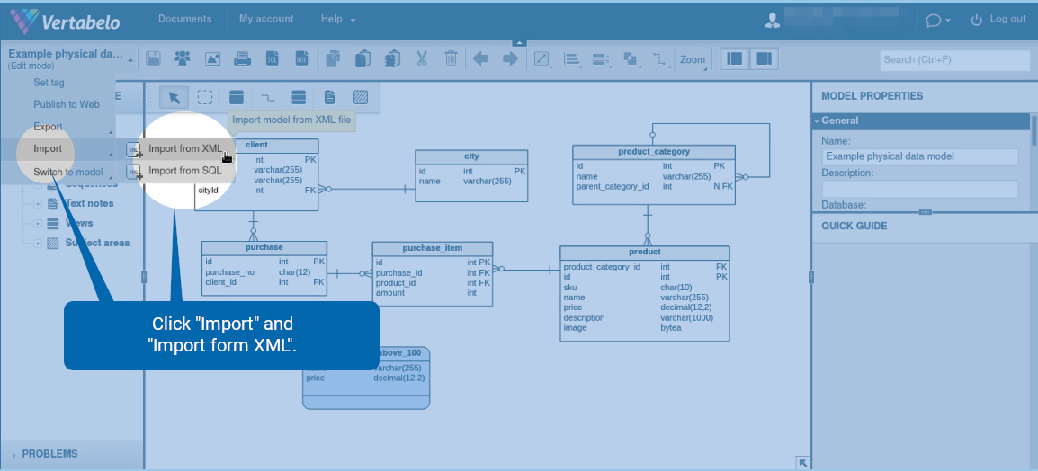 Import a Vertabelo XML File into Vertabelo