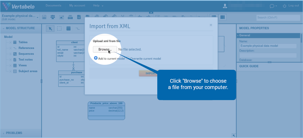 Import a Vertabelo XML File into Vertabelo