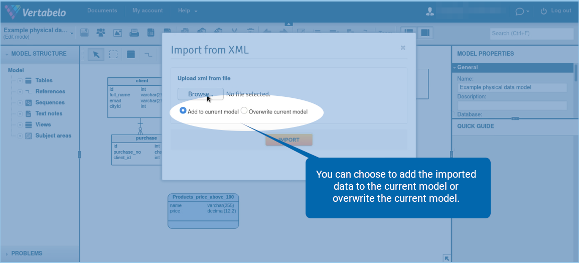 Import a Vertabelo XML File into Vertabelo