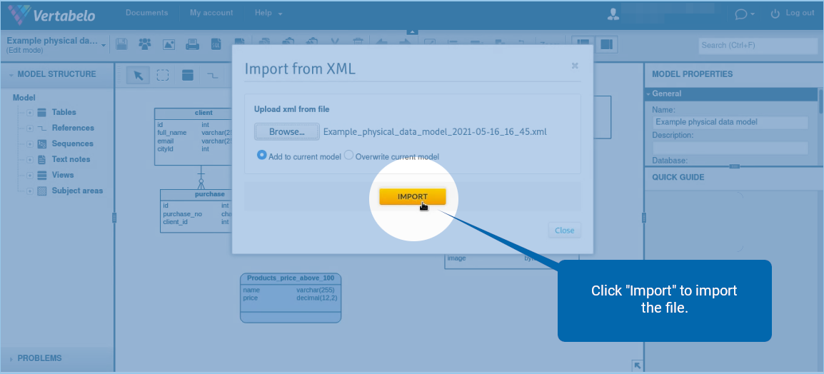 Import a Vertabelo XML File into Vertabelo