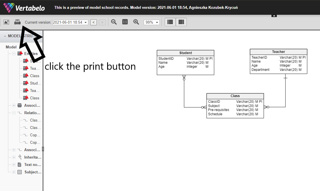 Printing your database model in Vertabelo 