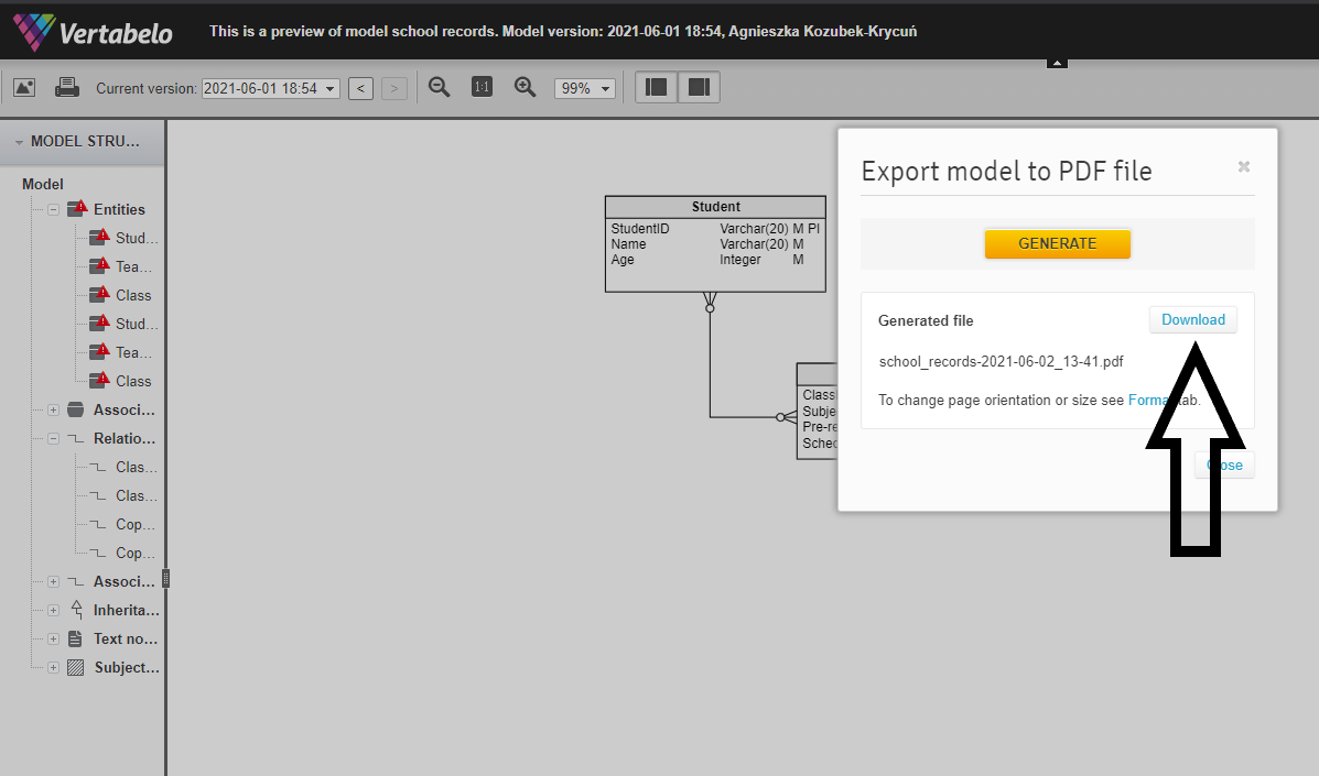 Printing your database model in Vertabelo 