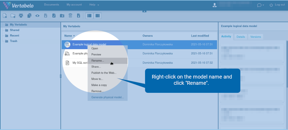 How to Rename a Vertabelo Model