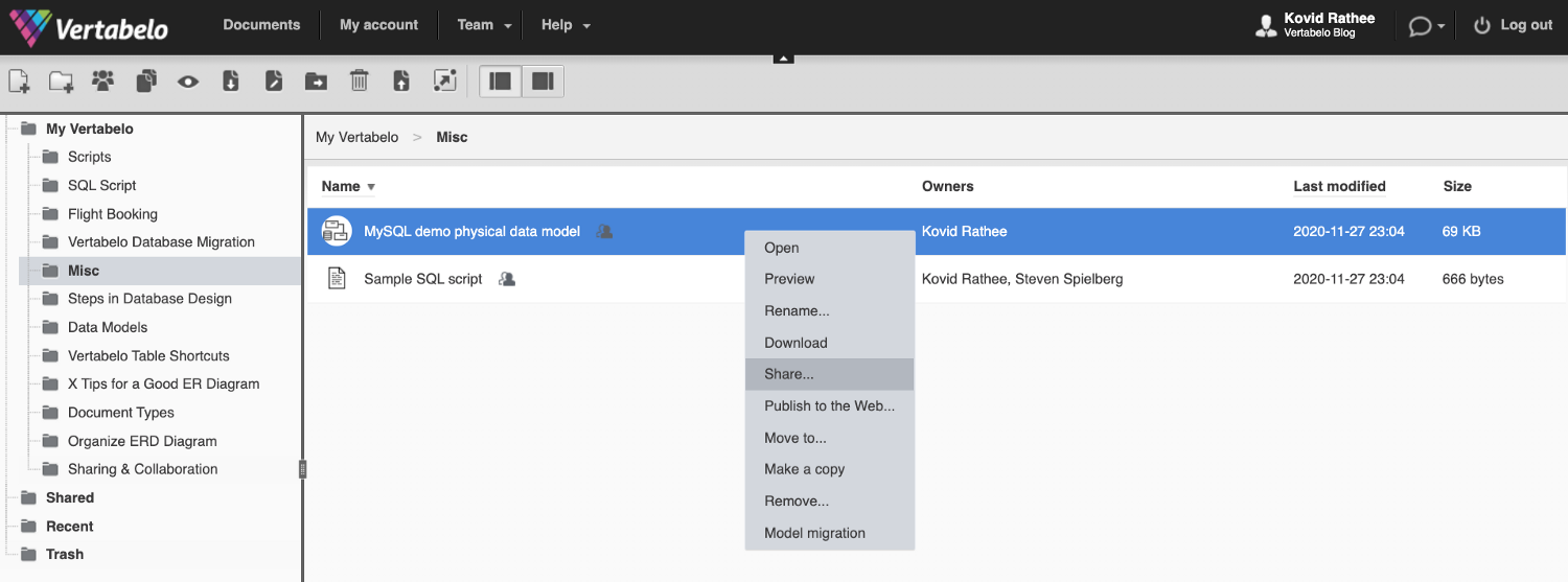 Sharing ER Diagrams With Your Team in Vertabelo