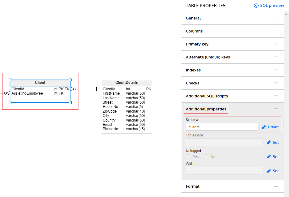 set schema in Vertabelo