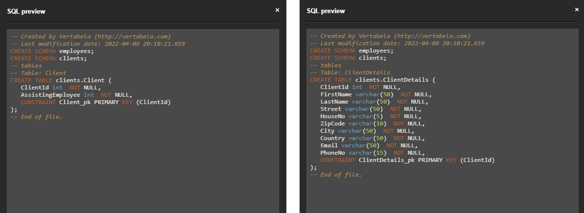 set schema in Vertabelo