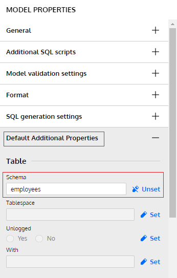 set schema in Vertabelo