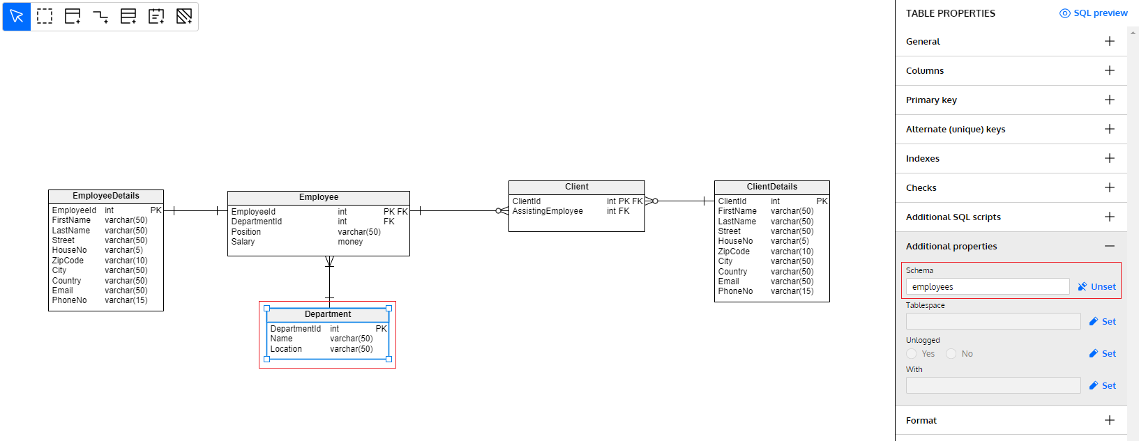 set schema in Vertabelo