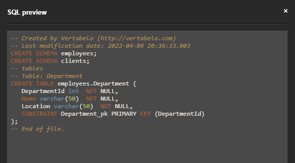 set schema in Vertabelo