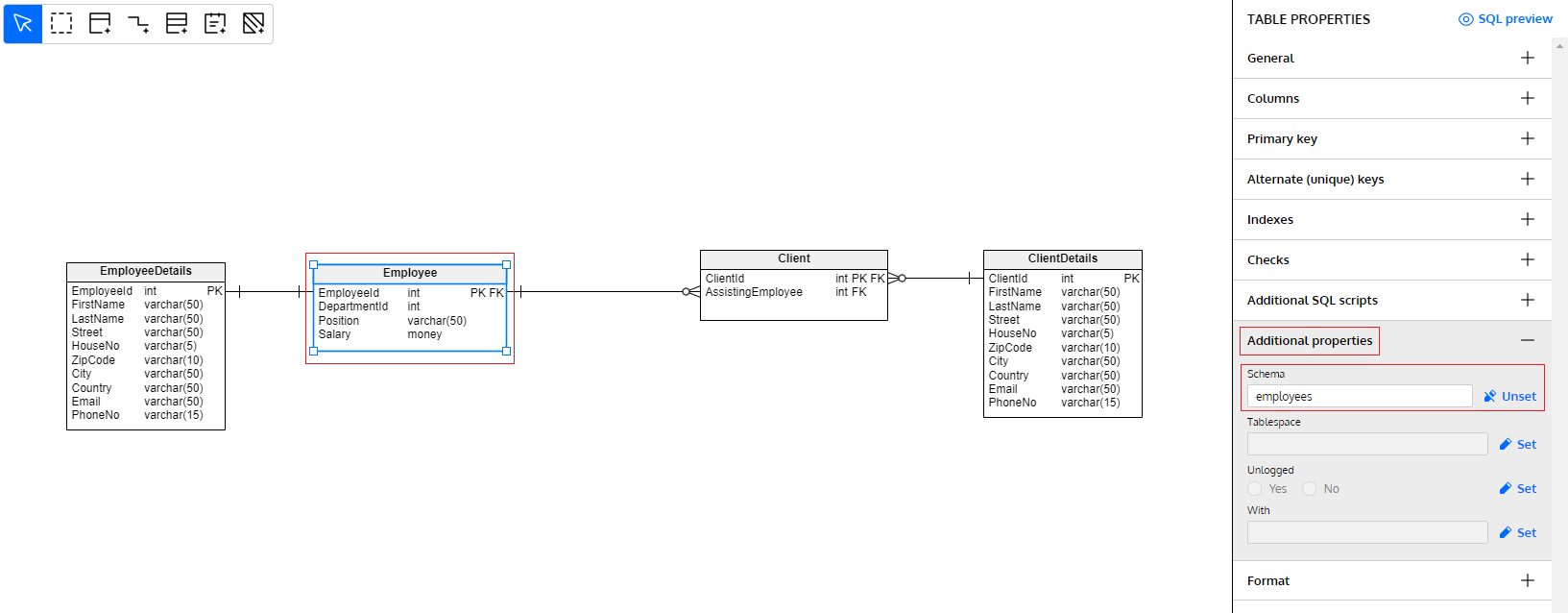 set schema in Vertabelo