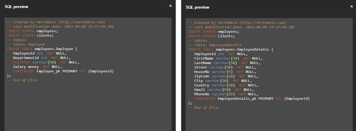 set schema in Vertabelo