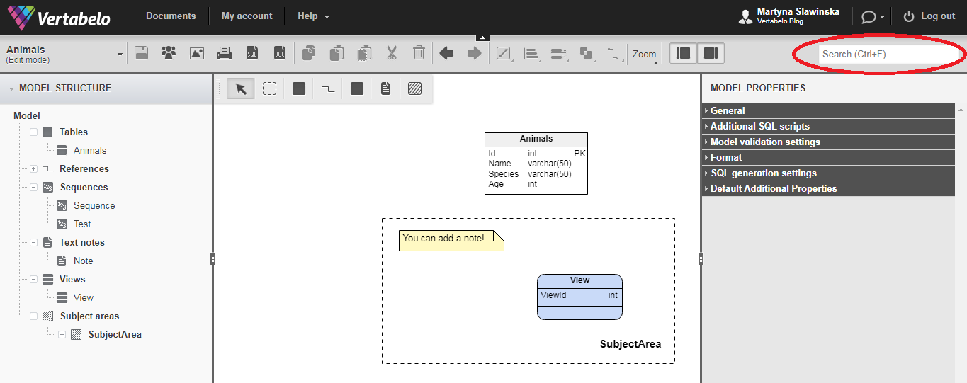 Vertabelo editor features