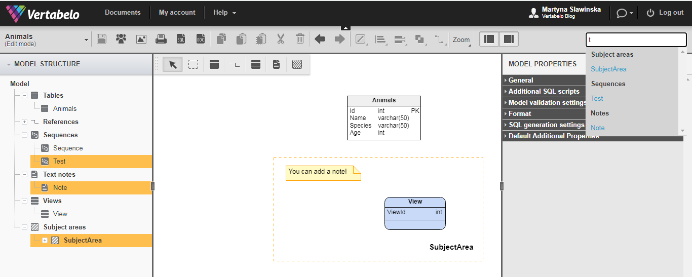 Vertabelo editor features