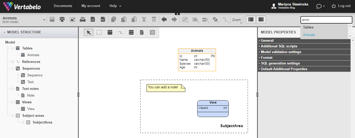 Vertabelo editor features