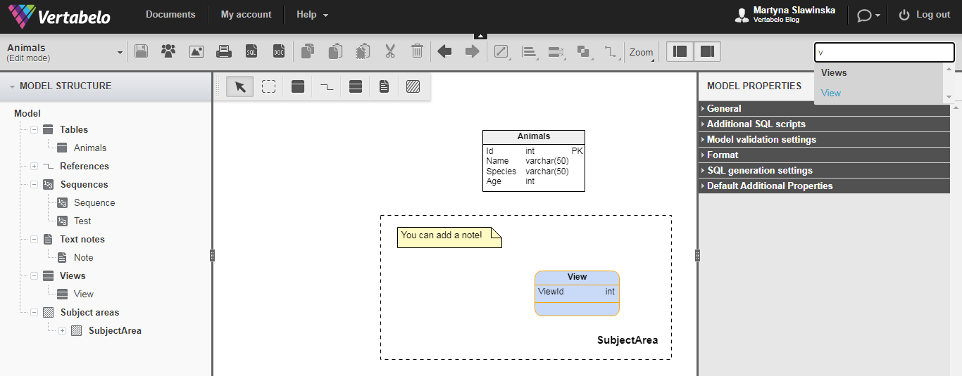 Vertabelo editor features