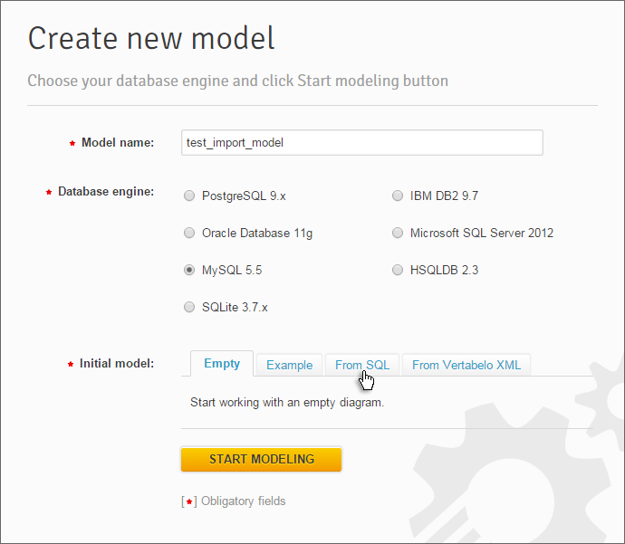 Creating a new database model in Vertabelo