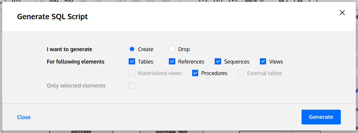 Generate SQL Scrips pop-up with the GENERATE button