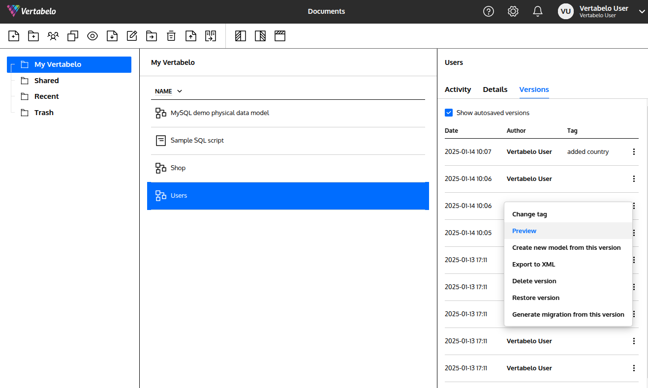 Context menu of versions