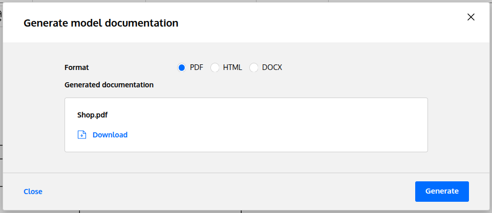 Generate model documentation – Download button